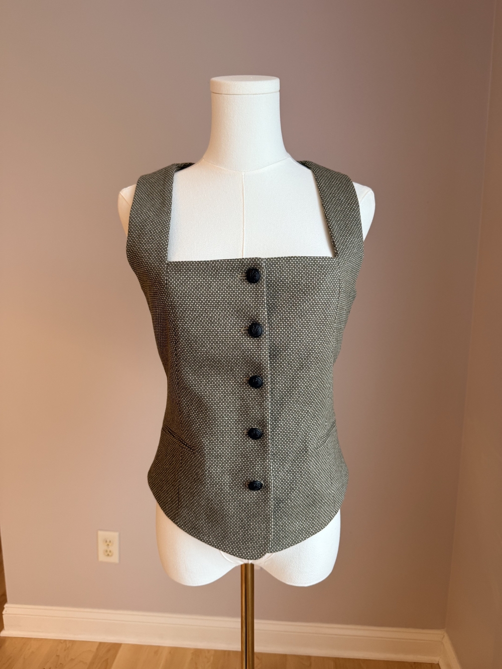 rag & boneKira Vest -  Olive Herringbone Square-Neck Button Front